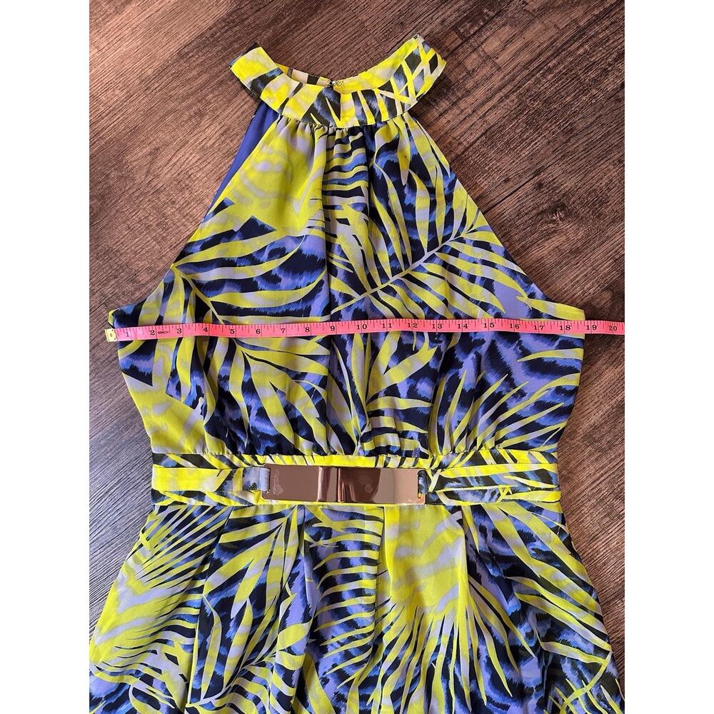 GUESS by Marciano Womens L Tropical Halter Maxi Dress Gold Belt Blue Yellow - Picture 3 of 13